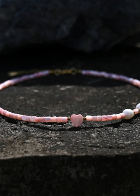 Boho Necklace, Seed Bead Choker, Pearl Heart